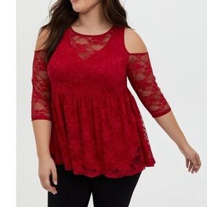Torrid - Red Babydoll Stretch Lace Cold Shoulder Top